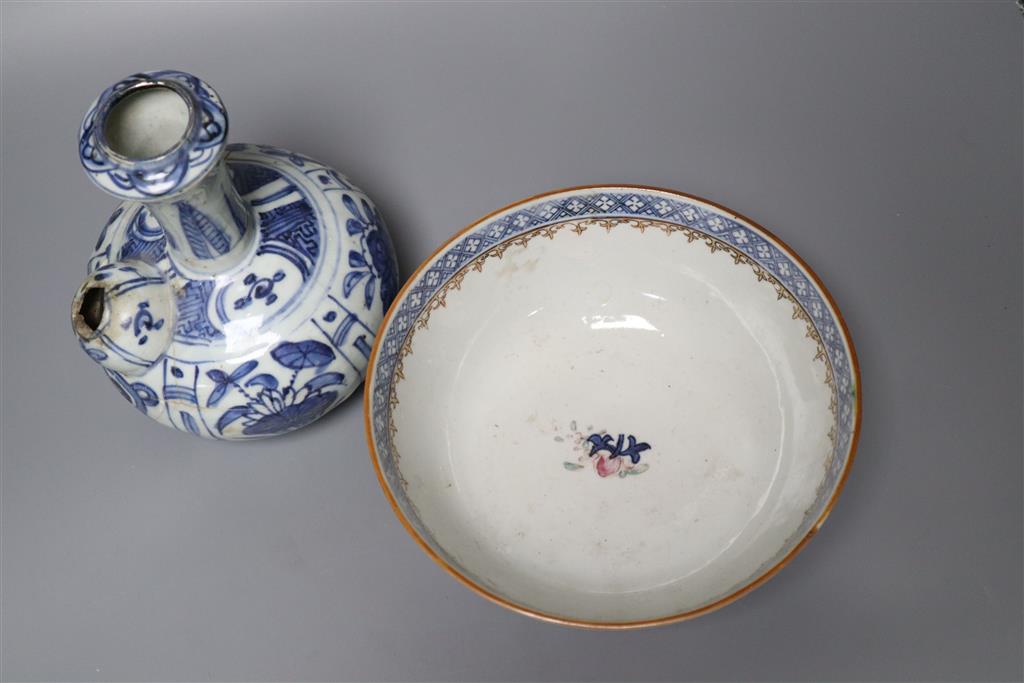 A Chinese late Ming blue and white kendi and an 18th century Chinese Mandarin bowl, bowl 20cm diameter